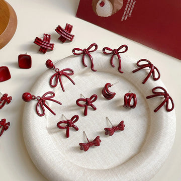 DAIIIBABYYY  -  Ankela Red Ribbon Bow-knot Vintage Stud Earrings for Women Korean Fashion INS Autumn Winter Simple Bow Geometric Earring